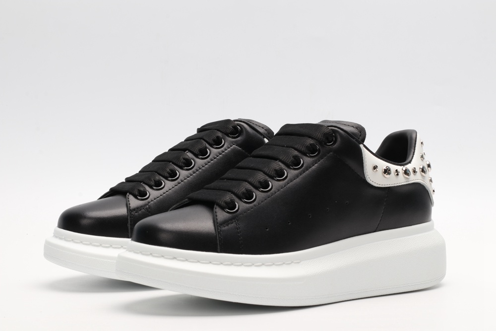 AMQ Black calf leather lace-up sneaker with siL*Ver-finished hammered stud